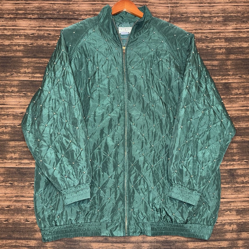 Venezia Vitale Silk Jacket Womens L Green Quilted Studded Vintage